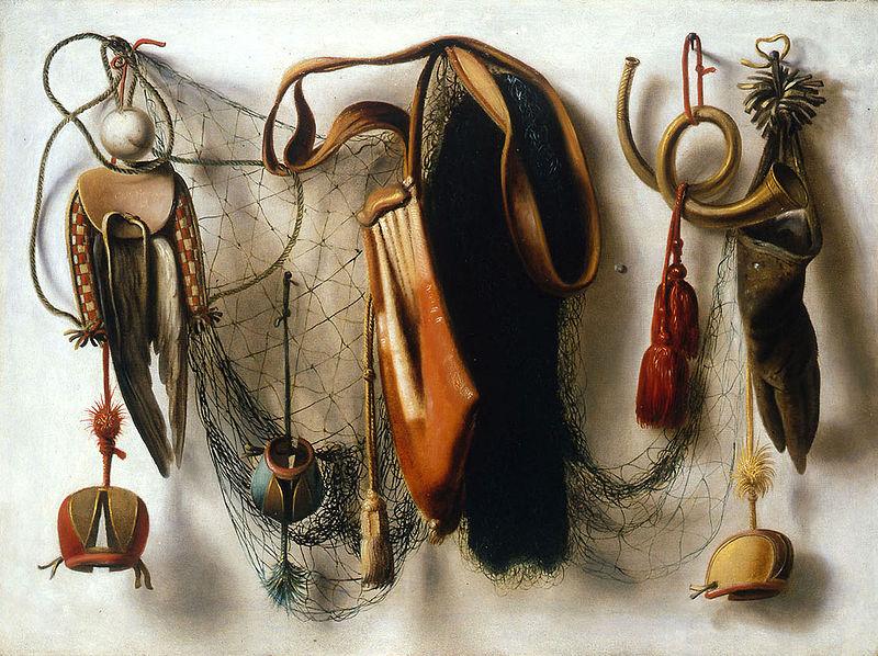 Christoffel Pierson A Trompe l'Oeil of Hawking Equipment, including a Glove, a Net and Falconry Hoods, hanging on a Wall. Sweden oil painting art